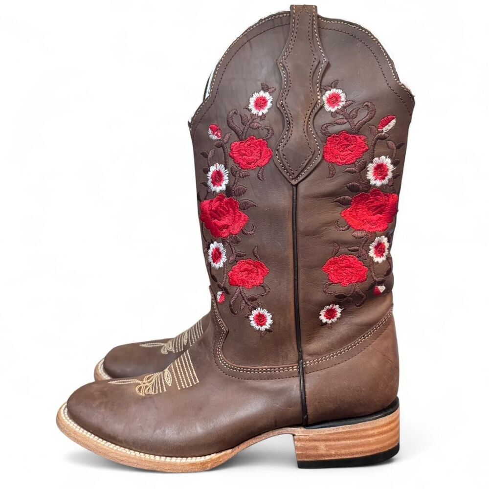 White Diamond Women’s Western Boots 7.5 Brown Leather Embroidered Square Toe